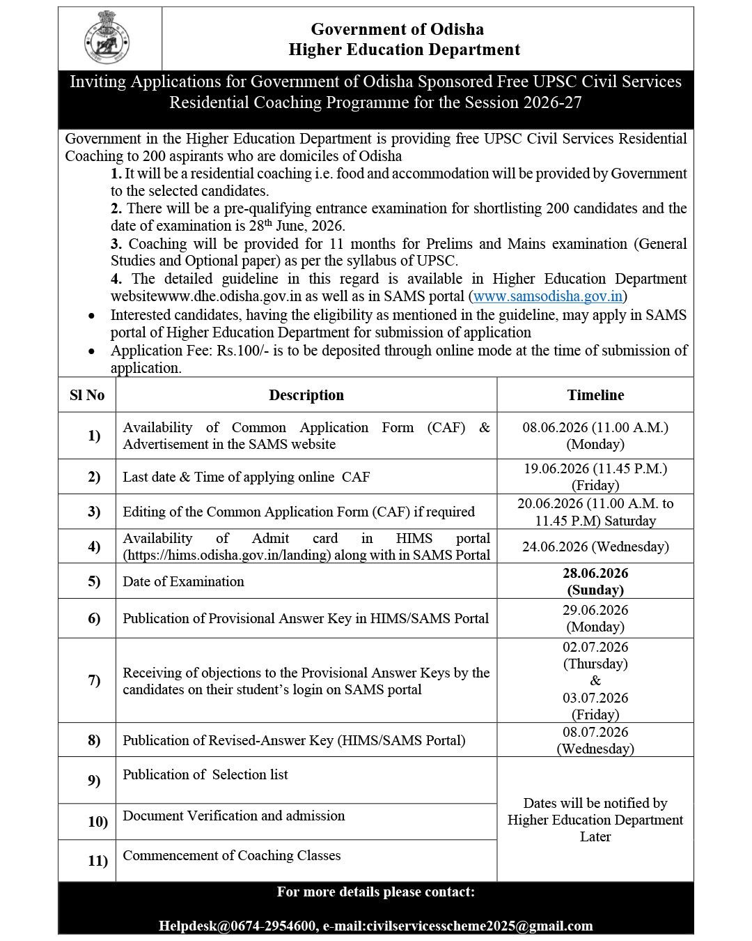 Odisha Government Invites Applications for Free UPSC Civil Services Residential Coaching Programme 2026-27